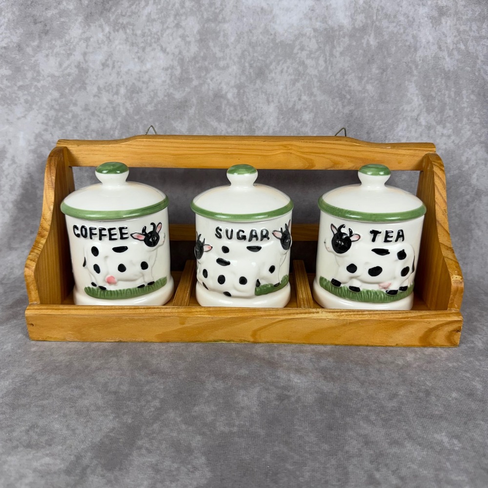 Vtg Casdia Ceramic Cow Canister Set 4Pc Wood Hanging Rack Coffee Sugar Tea Farm
